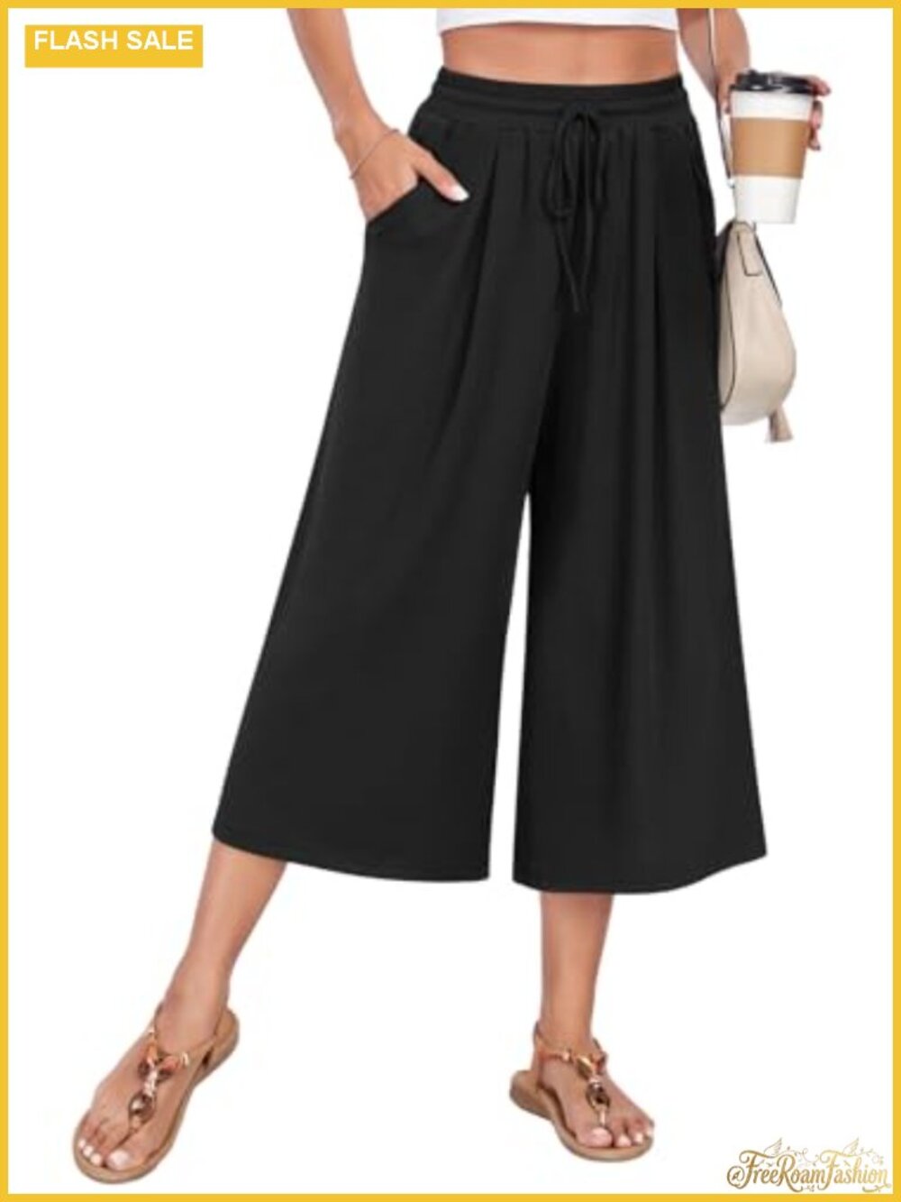 Wide Leg Capri Pants High Waist Loose Culottes with Pockets Stretch